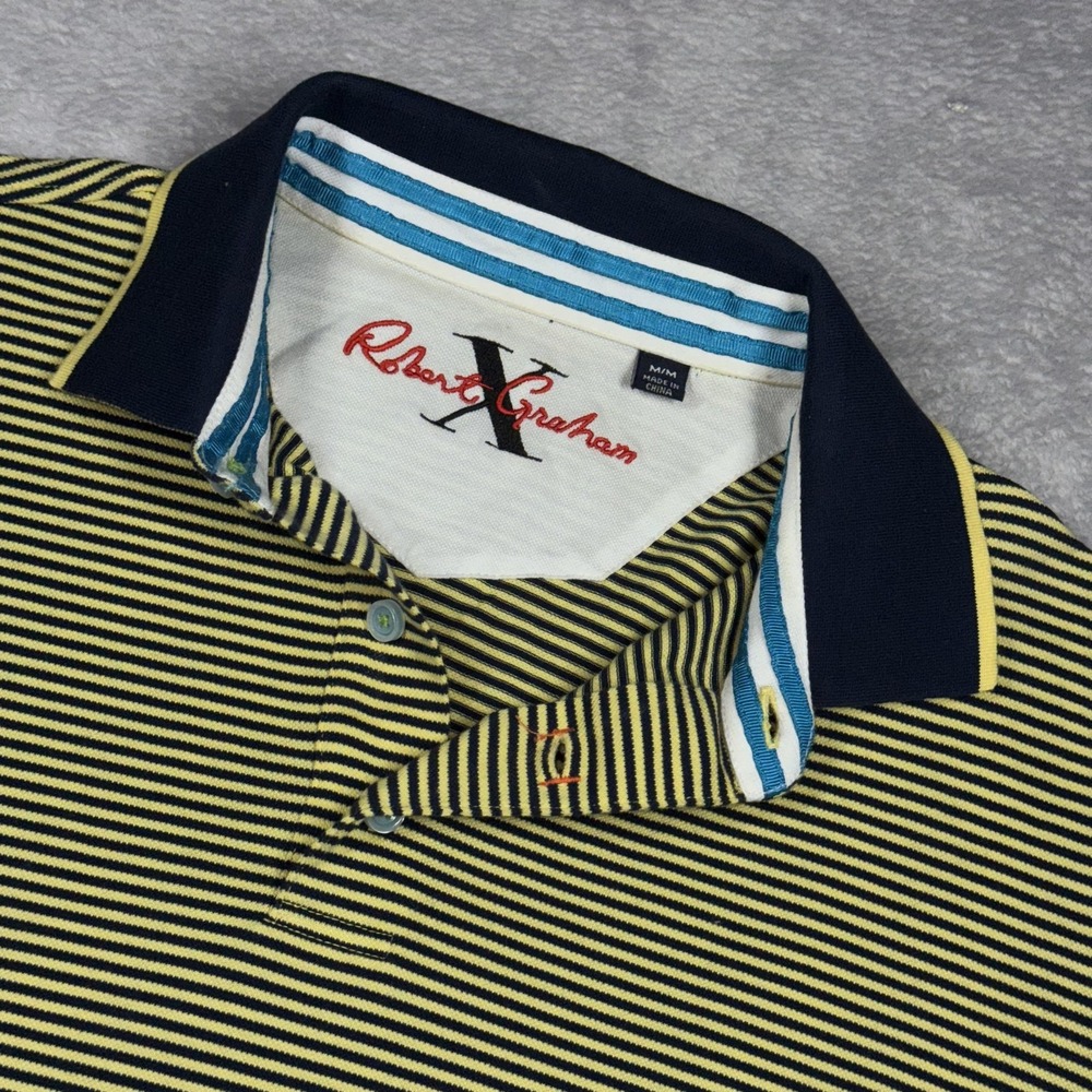Robert Graham Shirt Mens Medium Navy Yellow Striped Polo Casual Modern X Line